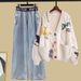 Women’s Clothing Denim suit Autumn embroidered short cardigan sweater jacket with slim and versatile wide leg mopping jeans_ecoleips.com