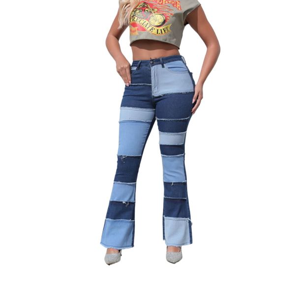 Women's Clothing New Retro Washed Contrast Color High Waist Hip Lifting Hot Girl Flared Women's Denim Trousers_ecoleips.com