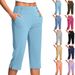 Women's Solid Color Stretch Casual Fitness Pants Capri Length with Pockets Comfortable Yoga Trousers European American Style_ecoleips.com