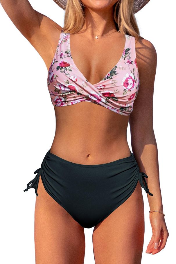 Women's Clothing Swimsuit Split Bikini Solid Color Cross Straps High Waist Swimsuit_ecoleips.com