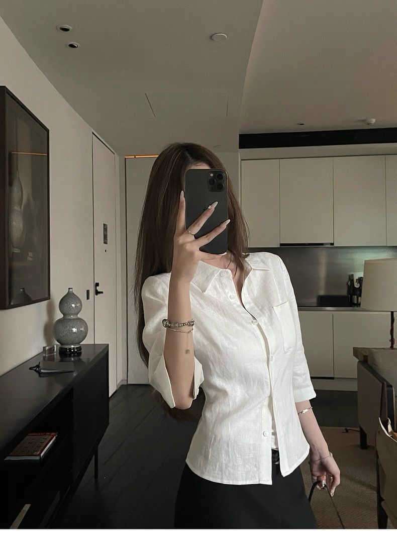 Linen Medium-sleeved Shirt Women's 2026 Summer New Natural Pleated Shirt Waist Top_ecoleips.com