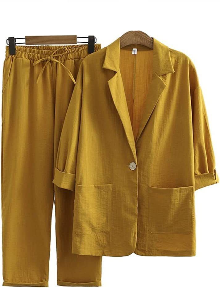 Women's Clothing Commuter Suit Set Cotton And Linen Jacket Pants Pocket Loose Fashion Casual Wear_ecoleips.com