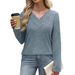 Autumn/Winter V-Neck, Pleated, Loose-Fitting Long-Sleeved Buttoned T-Shirt For Women_ecoleips.com