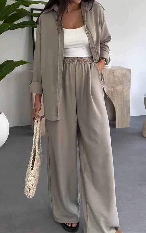 Women's Fashion Set Spring Summer Loose Top Casual Wide Leg Pants Solid Color Two Piece Women's Clothing_ecoleips.com