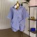 Women's Clothing Summer New Fashion Blue And White Striped Loose Shirt High Waist Wide Leg Shorts Suit_ecoleips.com