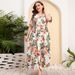 Women’s Clothing Large Size Loose V Neck Dress Women's Elastic Waist Short Sleeves Printed Long Skirt_ecoleips.com