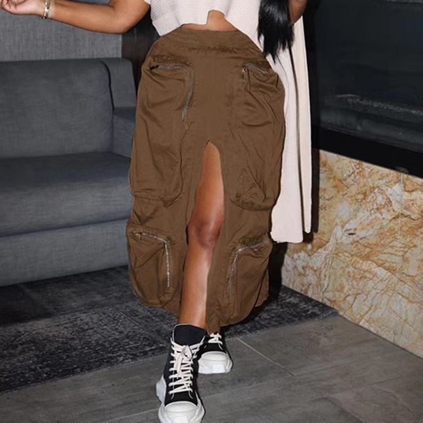 Verve D8593 New Women's Solid Color High Waist Zipper Patchwork Large Pocket Multi-Pocket Loose Cargo Midi Long Skirt_ecoleips.com