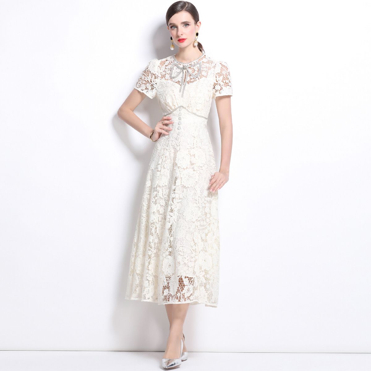 Ivory White Lace Dress With Diamond Bow & Rose Embroidery - Elegant Slim Fit (High Grade Formal Gown)_ecoleips.com