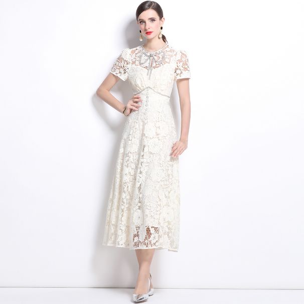 Ivory White Lace Dress With Diamond Bow & Rose Embroidery - Elegant Slim Fit (High Grade Formal Gown)_ecoleips.com