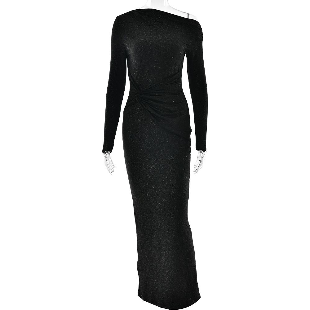 Women's Clothing Autumn And Winter New Hot Selling Oblique Shoulder Long Sleeved Hip Wrapped Long Skirt Fashionable Sexy Pleated Slim Dress_ecoleips.com