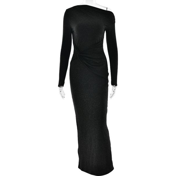 Women's Clothing Autumn And Winter New Hot Selling Oblique Shoulder Long Sleeved Hip Wrapped Long Skirt Fashionable Sexy Pleated Slim Dress_ecoleips.com