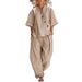 Women's Casual Two-Piece Set – V-Neck Relaxed Tee & High-Waist Wide Leg Pants | Solid Color Loungewear (Pink/Black/Chartreuse/Beige/Khaki/Light Blue)_ecoleips.com
