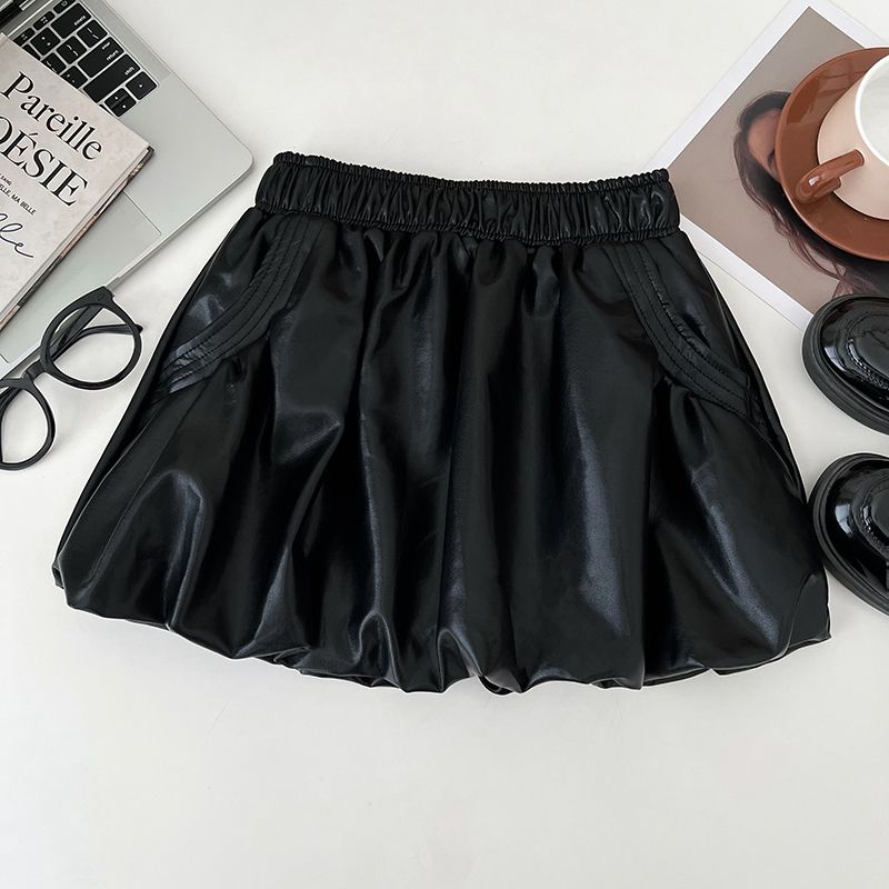 Korean-style Fashion Versatile PU Leather High-waisted Slimming Half Puffy Anti-exposure Short Skirt, A-line Skirt For_ecoleips.com