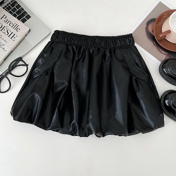 Korean-style Fashion Versatile PU Leather High-waisted Slimming Half Puffy Anti-exposure Short Skirt, A-line Skirt For_ecoleips.com