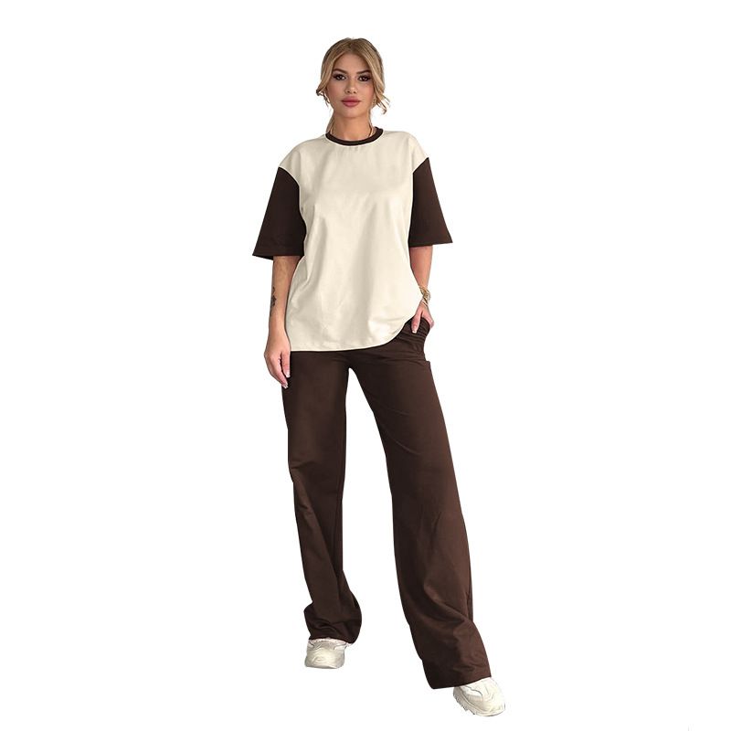 Women's Clothing Summer Contrast Color Round Neck Short Sleeve T Shirt Fashion Casual Wide Leg Pants Set_ecoleips.com
