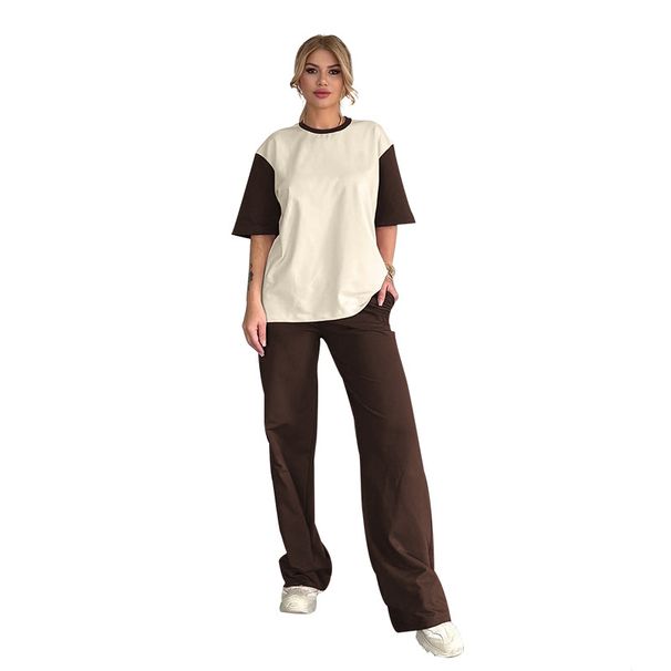 Women's Clothing Summer Contrast Color Round Neck Short Sleeve T Shirt Fashion Casual Wide Leg Pants Set_ecoleips.com