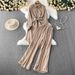 Korean Style Vintage Inspired Women's Clothing Set with Lantern Sleeves High Waisted Slimming Wide Leg Pants Rhinestone Embellishments Single Breasted Shirt_ecoleips.com