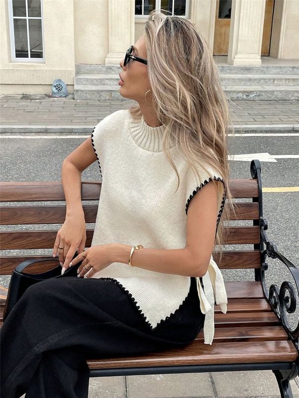 Women's Clothing Women's Sleeveless Sweater Vest Simple Design Contrast Color Bow Tie Top_ecoleips.com
