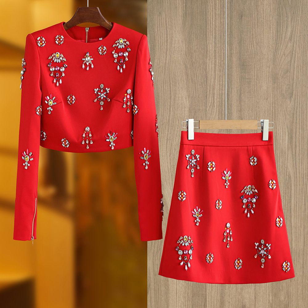 Women’s Clothing Spot New Year red atmosphere festive super heavy beaded long sleeved round neck skirt temperament skirt two piece suit_ecoleips.com