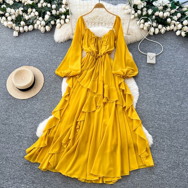 Women's French Style Resort Square Neck Puff Sleeve Dress Summer Yellow Ruffles Fitted Waist Full Skirt_ecoleips.com