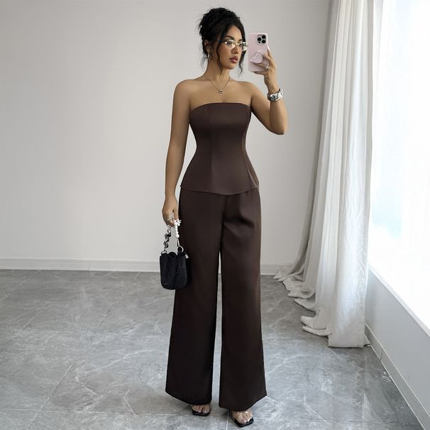 Elegant Women's Strapless Waist Cinching Wide Leg Pants Suit American Style Spring Summer_ecoleips.com
