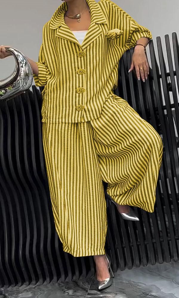 Women's Clothing Autumn Commuter Temperament Flower Striped Loose Suit Jacket Casual Suit_ecoleips.com