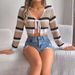 2026 Summer Hollowed-Out Contrast Color Striped Lace-Up Long-Sleeve Cropped Knit Cardigan Sunscreen Shirt Cross-Border_ecoleips.com