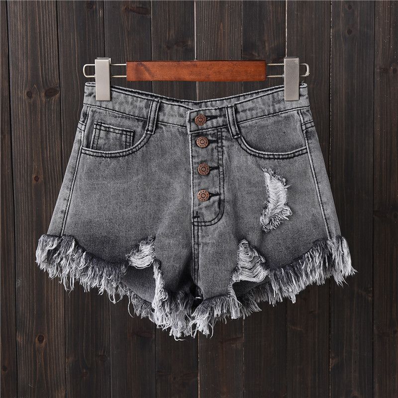 Smoky Gray Ripped Breasted Denim Shorts Women's Summer Mm Large Size Thin Beggar AA Hot Pants Burrs_ecoleips.com