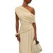 Summer Fashion Sexy Asymmetrical Neck Pleated Irregular Solid Color Dress for European And American Women Wholesale_ecoleips.com