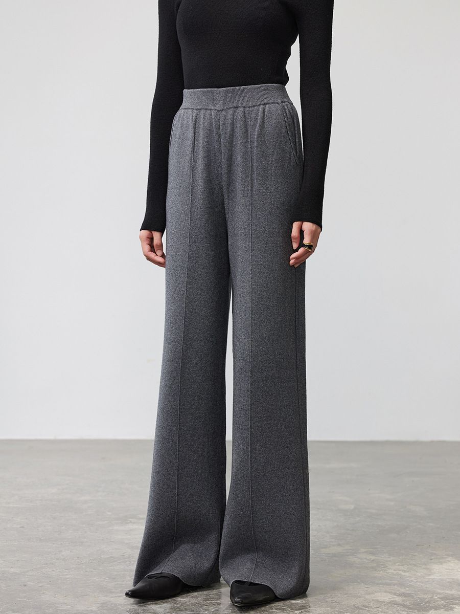 Women's High Waist Wool Wide Leg Pants - Machine Washable Straight Trousers With Elegant Drape For Casual & Office Wear (Black/White/Gray Mix/Navy)_ecoleips.com