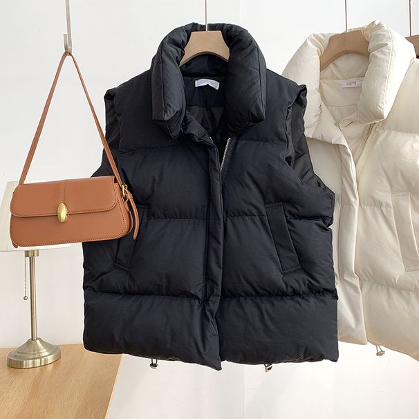 Women's Clothing Warm jacket cotton vest version loose cotton waistcoat stand collar solid color cotton vest cover_ecoleips.com