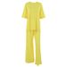 European And American Autumn New Yellow Knitted Ribbed Loose Comfortable Short Sleeve Long Pants Pajama Set_ecoleips.com