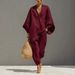 Women's Breathable Summer Lounge Set Linen Blend Batwing Sleeve V-Neck Tunic Wide-Leg Pants Casual Comfortable Fabric_ecoleips.com