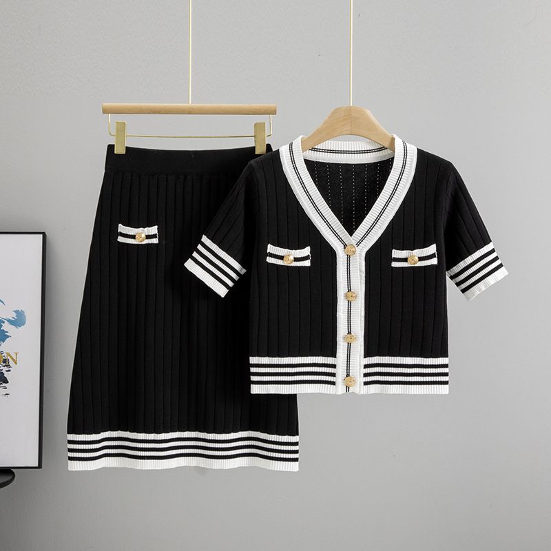 Women's Clothing New Style Temperament High End Slim Casual Striped Knitted Cardigan Skirt A Line Skirt Two Piece Suit_ecoleips.com