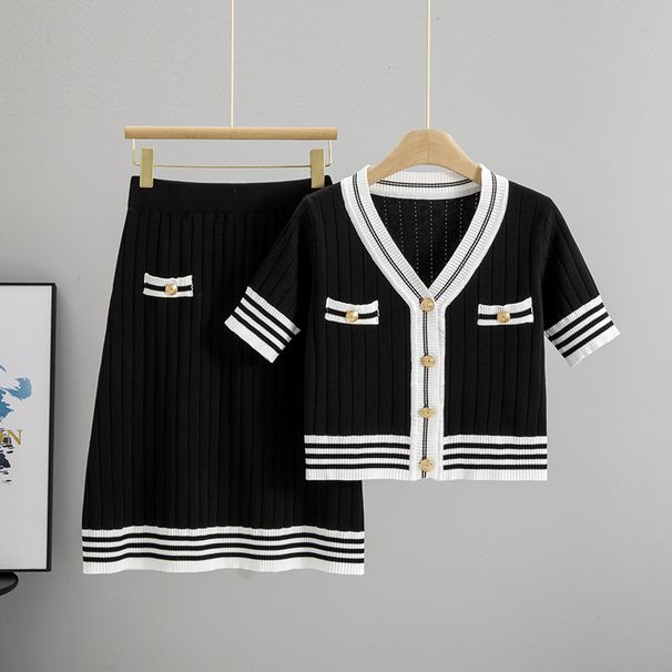 Women's Clothing New Style Temperament High End Slim Casual Striped Knitted Cardigan Skirt A Line Skirt Two Piece Suit_ecoleips.com