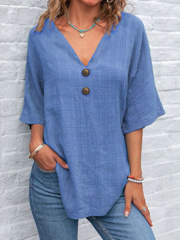 Women's Clothing Women's Casual Button Down Top V Neck Short Sleeve Regular Fit Pullover Multi Color Blouse_ecoleips.com