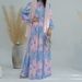 Women's Clothing Modest Abaya Dress Muslim Modest Dress – Floral Print Chiffon Abaya With Stand Collar & Lantern Sleeves ( Middle Eastern Style)_ecoleips.com