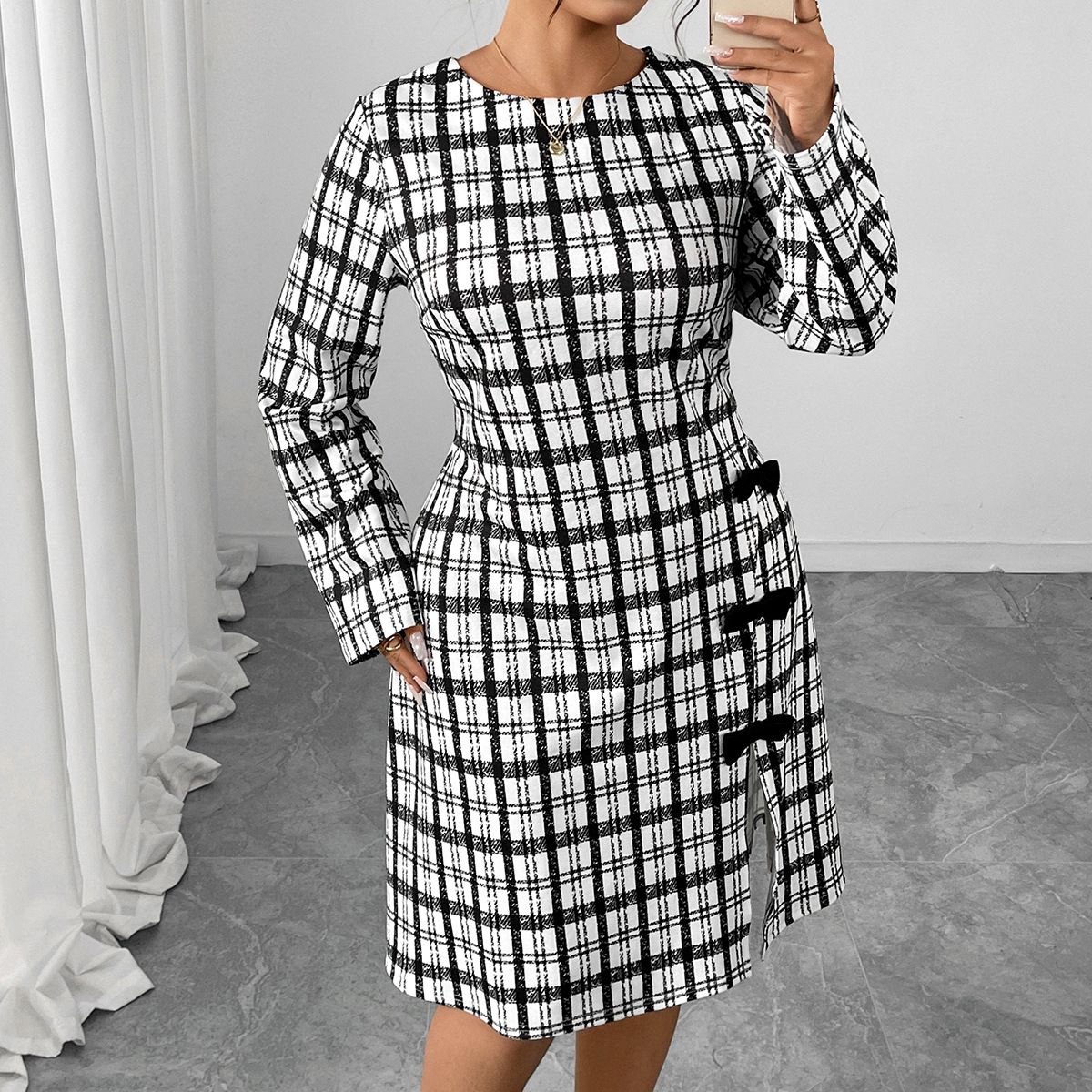 Women's Clothing Plus Size Clothes Elegant Black & White Checkered Dress With Bow Detail, Round Neck Long Sleeve Slim Fit Dress For Women_ecoleips.com