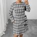 Women's Clothing Plus Size Clothes Elegant Black & White Checkered Dress With Bow Detail, Round Neck Long Sleeve Slim Fit Dress For Women_ecoleips.com