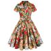 Aria Basics Aria Basics European And American Hepburn-style Vintage Lapel Open-front Short-sleeve Fresh Print Tie-waist Flared Dress With Belt,_ecoleips.com