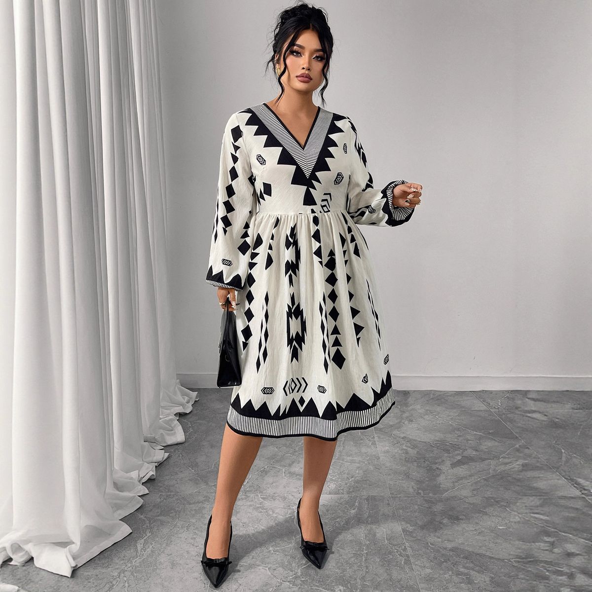 Women's Clothing Plus Size Clothes Elegant Plus Size Puff Sleeve V-Neck Dress – Printed Flowy Winter Dress For Women, High Waist Slimming & Stylish_ecoleips.com