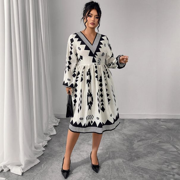 Women's Clothing Plus Size Clothes Elegant Plus Size Puff Sleeve V-Neck Dress – Printed Flowy Winter Dress For Women, High Waist Slimming & Stylish_ecoleips.com
