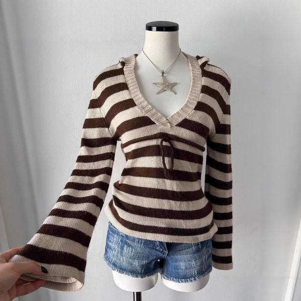 European American Striped V-Neck Sweater Long Sleeve Slim Fit Hooded High Street Style Women's Cute Design Wholesale_ecoleips.com