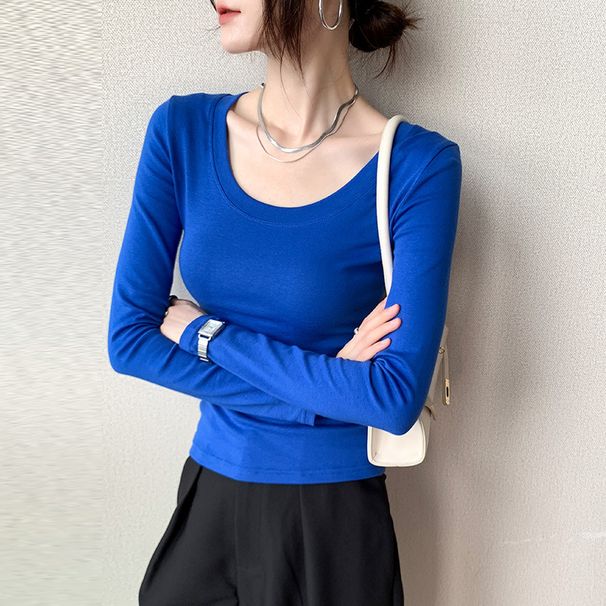 2025 230G Pure Cotton Long Sleeved Women's T-Shirt Shoulder Length 2025 Autumn Outfit New Slim Fit And Slimming Solid Color_ecoleips.com