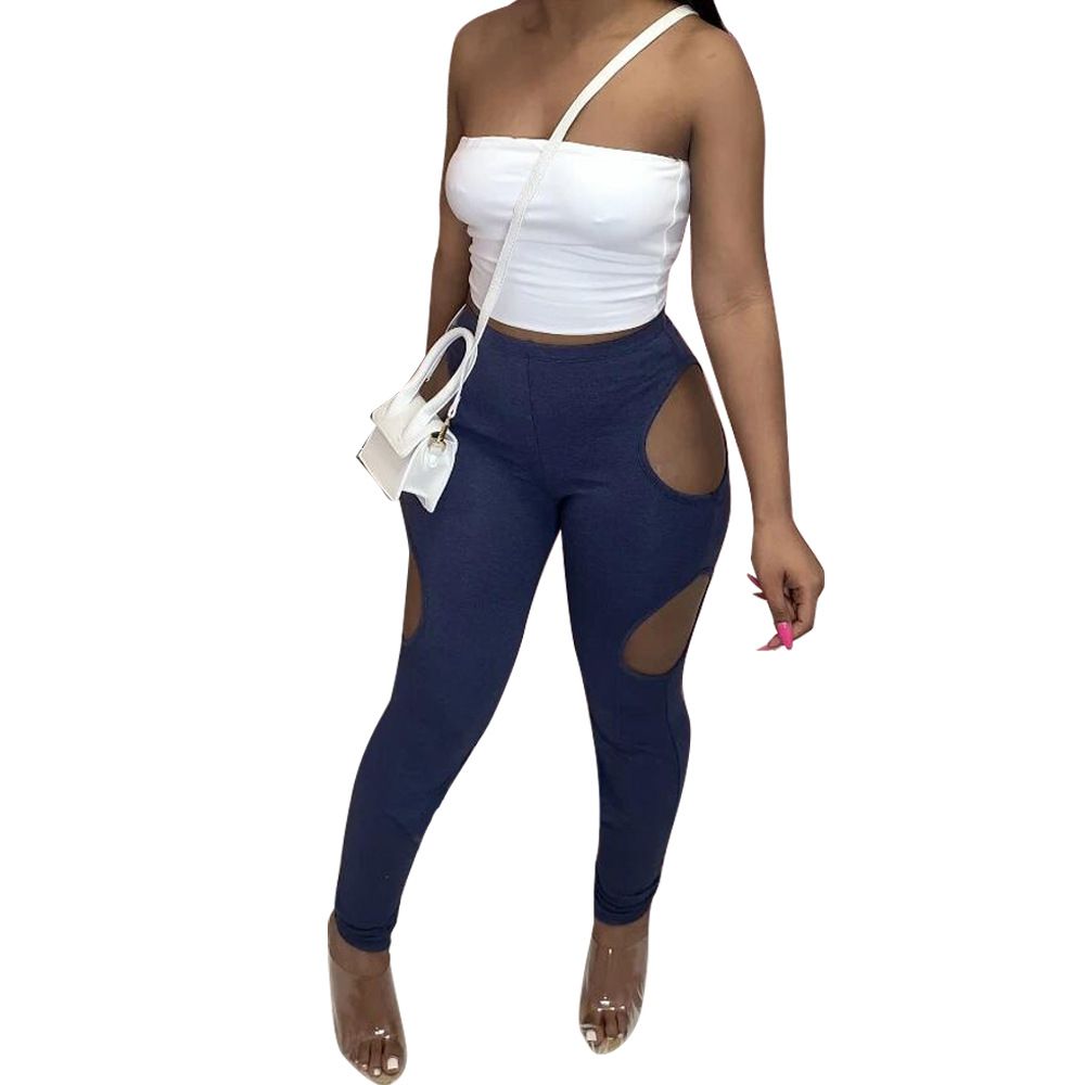 Slim Fit Pencil Pants New Style Personalized Hollow Out Beltless Skinny Jeans Solid Color Spring Summer_ecoleips.com
