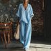 Women's Fashion Casual Two Piece Set V Neck Loose Short Sleeved Top with Solid Color Trousers European And American Style_ecoleips.com