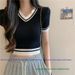 Spring/Summer Women's Slim Fit High Waisted Knit T-Shirt Short Sleeve Color Block French Style Sweet And Spicy Top_ecoleips.com