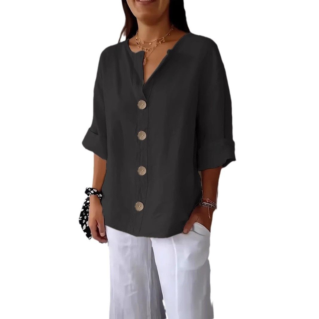 K New Loose Fit Women's V-Neck Button-Up T-Shirt_ecoleips.com