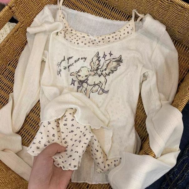 Sweet Korean Y2k Lace Long-sleeved T-shirt Female Fall Outside The Design Sense Printing Slim Thin False Two Pieces Of Tops_ecoleips.com