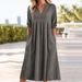 Summer New Style Women's Casual Dress Solid Color Cotton Linen Short Sleeve V Neck Pocket Detail_ecoleips.com